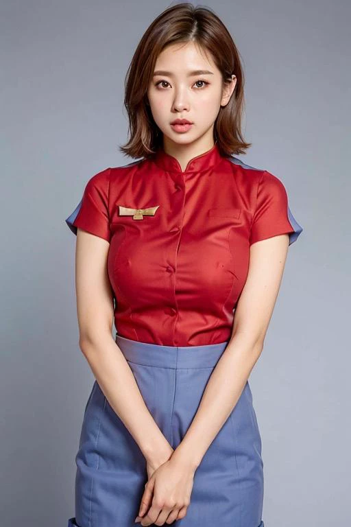 <lora:TWGirlMaroonFAMix1:0.8>, Girl_in_maroon_uniform
(8k, RAW photo, best quality, masterpiece:1.2), (realistic, photo-realistic:1.37)
1girl, solo, looking at viewer, skirt, simple background, brown hair, shirt, jewelry, closed mouth, short sleeves, earrings, grey background, nail polish, black eyes, lips, fingernails, v, makeup, denim, red shirt, pink nails, watch, realistic, selfie, wristwatch, huge breast, sexy, seductive, erotic