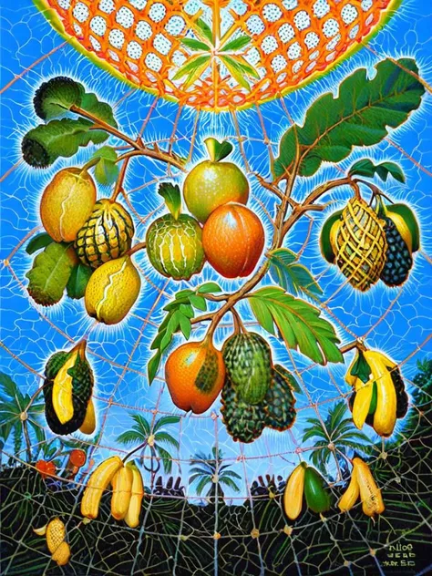 score_9, score_8_up, score_7_up, assorted fruit, traditional media, alexgrey, pineapple, orange, bananas, highly detailed, high contrast, lattice, veins, no humans, <lora:Alex_Grey_PonyXL:0.9>