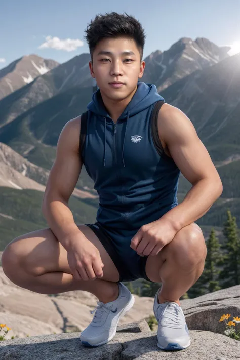 full body, squatting, <lora:yul_moldauer-05:0.75> photo of yul_moldauer, Colorado blue columbine flowers, relaxed confident expression, wearing a sleeveless hoodie and compression shorts and white Nike running sneakers, posing in Rocky Mountain National Park, wearing a smartwatch, natural light, sunlight, bright light
