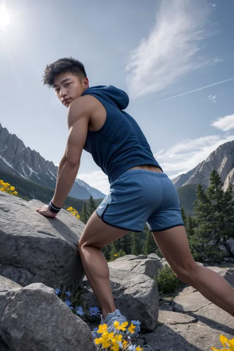 full body, from below, climbing on top of a boulder, looking down at camera, <lora:yul_moldauer-05:0.75> photo of yul_moldauer, Colorado blue columbine flowers, relaxed confident expression, wearing a sleeveless hoodie and compression shorts and white Nike running sneakers, posing in Rocky Mountain National Park, wearing a wristband, natural light, sunlight, bright light