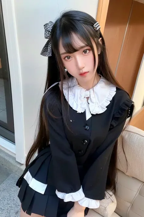 best quality, (photorealistic:1.2), 1girl, solo, detailed face, face focus, standing, black hair,(hair ornament:1.35),school uniform, ribbon-trimmed sleeves, detached sleeves, ribbon trim, wide sleeves, (looking at viewer:1.5) long hair, black eyes, bangs, lips,<lora:futuaner v1:1>