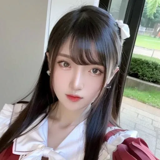 best quality, (photorealistic:1.2), 1girl, solo, detailed face, face focus, standing, black hair,(hair ornament:1.35),school uniform, ribbon-trimmed sleeves, detached sleeves, ribbon trim, wide sleeves, (looking at viewer:1.5) long hair, black eyes, bangs, lips,