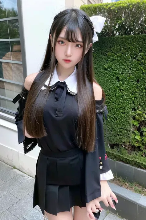 best quality, (photorealistic:1.2), 1girl, solo, detailed face, face focus, standing, black hair,(hair ornament:1.35),school uniform, ribbon-trimmed sleeves, detached sleeves, ribbon trim, wide sleeves, (looking at viewer:1.5) long hair, black eyes, bangs, lips,<lora:futuaner v1:1>