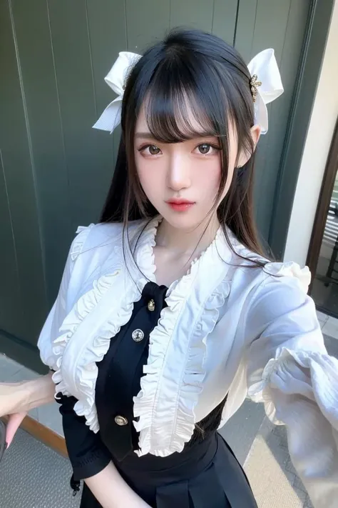 best quality, (photorealistic:1.2), 1girl, solo, detailed face, face focus, standing, black hair,(hair ornament:1.35),school uniform, ribbon-trimmed sleeves, detached sleeves, ribbon trim, wide sleeves, (looking at viewer:1.5) long hair, black eyes, bangs, lips,<lora:futuaner v1:1>