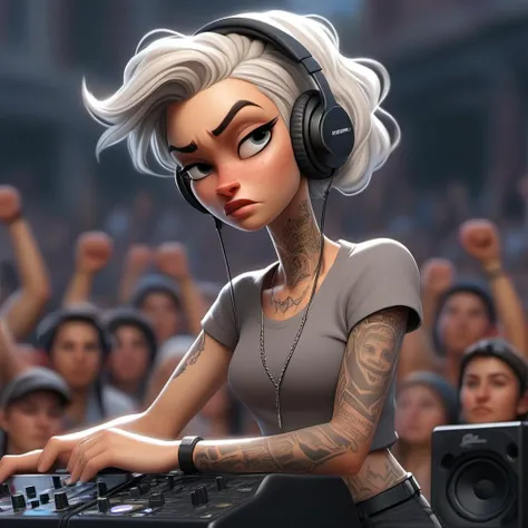 photorealistic, passionnate facial expression, extremely detail, dramatic lighting, woman, black white hair, dutch braid, tattoos on neck, navel piercing, t-shirt, ripped skinny pants, (dj), passionate, headphone, dj concert festival, huge mainstage, crowd background