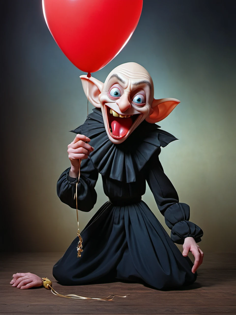 the Nosferatu trying to make a child laugh, (balloon animal in hand:1.2), castle interior, RAW, 8k, VISION3 500T Color Negative Film 5219, hyper realistic, ultra-detailed, photo-vingette by john Wilhelm, <lora:Stefan_Gesell_style_m:0.7> 5GPstyle, by Stefan Gesell