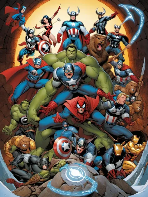 masterpiece by Hieronymus Bosch,  J Scott Campbell style,  extremely detailed, sharp focus <lora:Hieronymus_Bosch_-_Godfather_of_Religious_Disturbism:0.5> <lora:JSC_Style:0.7>  (the vengers assemble:1.5) in the Ninth Circle of hell "Treachery" and the Lucifer is trapped in the frozen central zone, art by Bosch