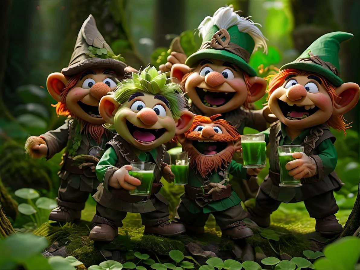 Fairy tale a group of happy gnomes who are wearing green Celtic cultur clothes , they are partying in forest for celebration of Saint Patrick's Day with clovers <lora:happy:1> <lora:Felt-Puppet-base-v1-000008:1> . Magical, fantastical, enchanting, storybook style, highly detailed
