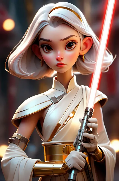 1 english girl,Galactic space station street,(star war style:1.2),full body,gold blue silver galaxy dress,Transparent and luminous fashion body,Focusing,breathtaking,masterpiece,raw photo,gold light saber,