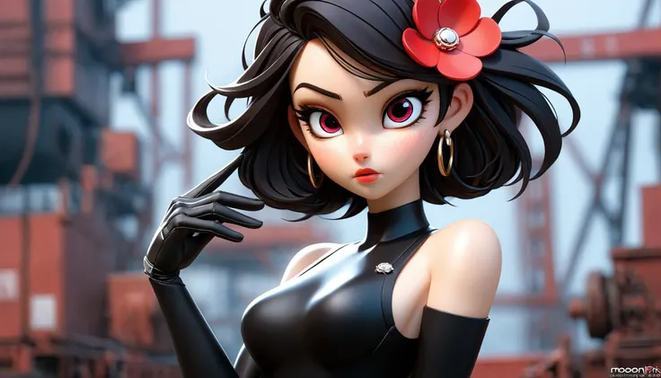 1girl , <lora:yueerfujiex_xl:0.5>, 1girl, yor_briar, breasts, solo, gloves, dress, red_eyes, black_dress, black_hair, cleavage, hairband, black_gloves, fingerless_gloves, hair_ornament,jewelry, earrings,bare_shoulders, flower, upper_body, gold_hairband, hair_flower, bangs, sleeveless_dress, parted_lips, hair_between_eyes, long_hair,  collarbone, short_hair_with_long_locks, sleeveles, standing, facing to the side ,<lora:naked overalls and suspenders:0.7:TT>naked suspenders , outside, drydock,  <lora:ral-exposure-sdxl:0.5>, ral-exposure,    1mecha, best quality, biomechanical, complex robot, hyper realistic, (hyper detailed:1.25), intricate, (insane fine details:1.1), Extremely sharp lines, scifi aesthetic, a masterpiece <lora:wowifierXL:0.5>  by mooncryptowow, complex robot,, very thin waist,  <lora:SDXL_MassiveCowsLoRA_v1:0.1> breasts, cleavage, slim body,, (8k, masterpiece, best quality, ultra-detailed),  (an extremely delicate and beautiful)kawaii, cute, very big eyes, Aesthetic Anime Eyes, small face,  large breasts, cinematic lighting, , Intricate, High Detail, Sharp focus, dramatic,   masterpiece, best quality, ultra-detailed,