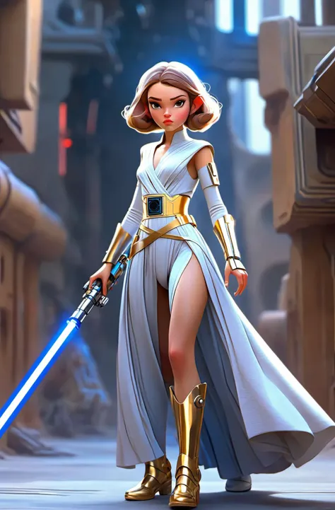 1 english girl,Galactic space station street,(star war style:1.2),full body,blue silver galaxy dress,Transparent and luminous fashion body,Focusing,breathtaking,masterpiece,raw photo,gold light saber,