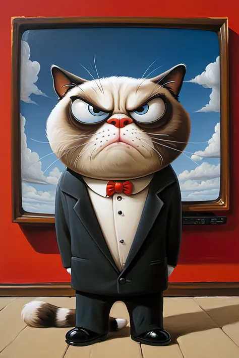 immensely disgusted grumpy cat watching CNN channel on gigantic tv set, <lora:LojkinXL:0.4> oil paint by Vasily Lozhkin, <lora:FF-Style-Rafal-Olbinski.LORA:0.75> art by Rafal Olbinski,