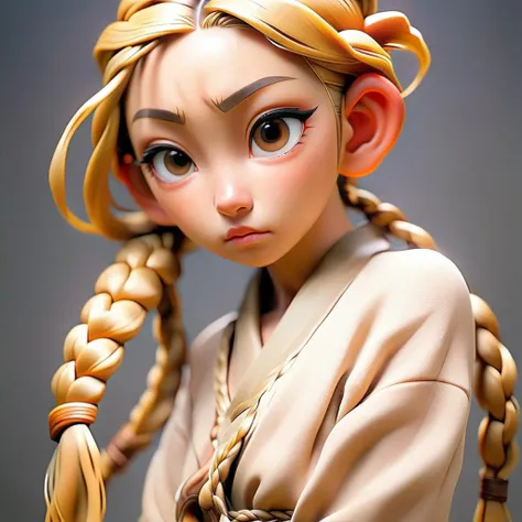 photo of a beautiful 20 year old japanese girl, nude, honey blonde braided hairstyle, very detailed eyes, muscular
