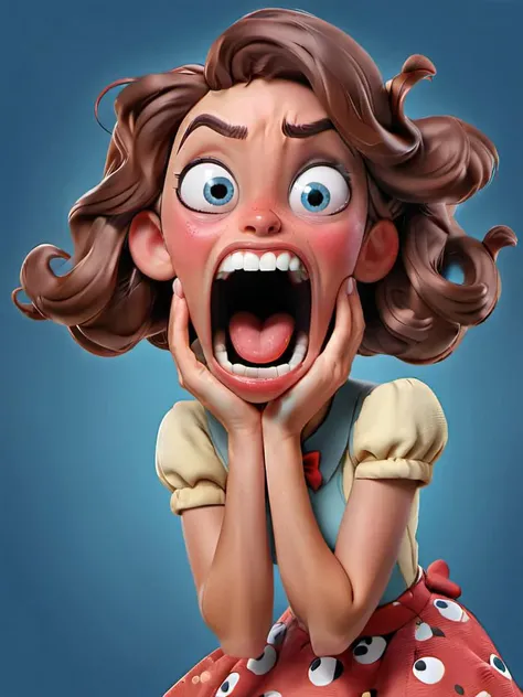 Disney style, Surprised expression, a girl, eyeballs poping out, open mouth, blue Background, <lora:Surprised expression-01-000006:0.8>