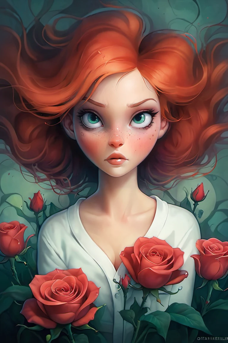 art by Anna Dittmann, masterpiece poster by tom whalen, orgasmface, mid-shot, very emotional, ("American beauty" film poster:1.5), (beautiful nuke of red hair), stshpossko, (widely open eyes:1.6), dark teal irises, bed of roses, (roses petals surreal explosion), BREAK, sharp focus, bleach bypass contrast, best quality, inspired by ( Stefan Gesell | john Wilhelm ) <lora:Anna_Dittmann_Style_XL:0.75> <lora:Tom_Whalen_XL:0.7> <lora:orgasmface_SDXL:0.35>