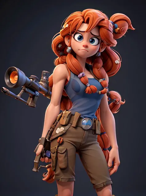 masterpiece, best quality, (Sniper:1.2) girl with big eyes,
pixar style,
( happy face:0.7), (sad face:0.4), (smiling:0.5),
hair peach auburn dreadlocks