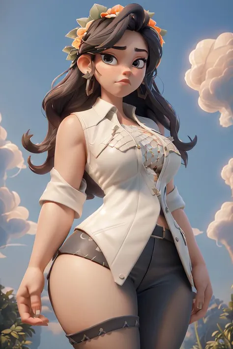 masterpiece, best quality,highres, masterpiece, perfect lighting, bloom, cinematic lighting, adult, female, looking at viewer, portrait, heavy dark makeup, white leather jacket, sleeveless shirt, black leather skirt, orange fishnet leggings, (curvy figure:1.3), thick thighs, medium breasts, tree, sky, clouds,hair rings, braid,