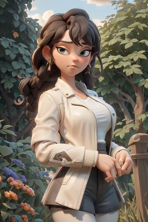 masterpiece, best quality,highres, masterpiece, perfect lighting, bloom, cinematic lighting, adult, female, looking at viewer, portrait, heavy dark makeup, white leather jacket, sleeveless shirt, black leather skirt, orange fishnet leggings,
, (curvy figure:1.3), thick thighs, medium breasts, tree, sky, clouds,hair rings, braid,