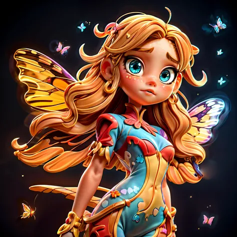 1girl, butterfly, florest, sun light, best quality, masterpiece, red butterfly suit, blonde hair, wavy hair, cute, butterfly antennae, butterfly wings, flying with wings, florest background, glitter, holding butterfly,