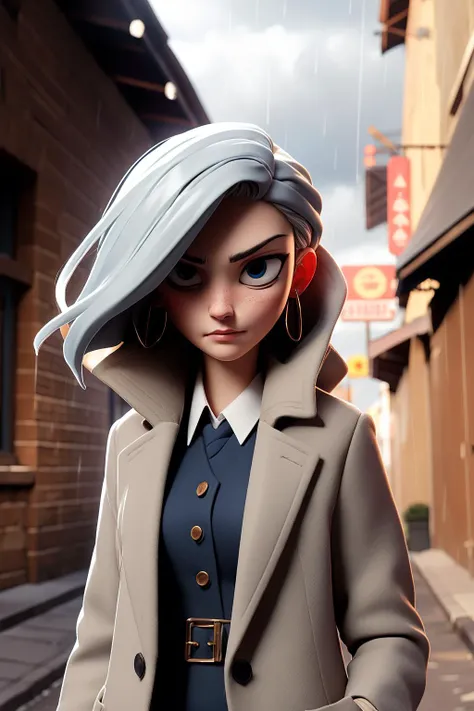 1 beautiful woman, office suit, coat, shirt,
detailed face 
silver hair, 
alley 
raining 
cloudy
dramatic lighting 
shadow 
Sui Ishida 
(best quality, masterpiece)
