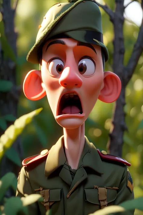 masterpiece, best quality,a soldier with a surprised look, jungle background