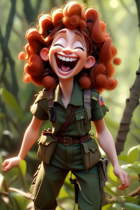 masterpiece,best quality,3d,3d cartoon,3d animation,a female soldier with freckles laughing in the jungle, eye closed, curly hair