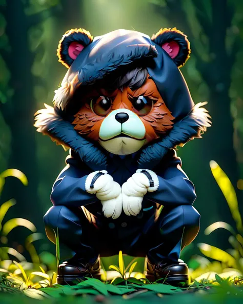 cute, (anthropomorphic:1.4), chibi (bear),  (look at viewer, solo focus:1.4), 
([gunmetal_color::0.4] fur:1.4),  
sad, 
(squatting:1.4),
Redcolor full dress,
suit pants, dress shoes,
forest background,
(high key-lighting:1.4), detail background, (smog:1.3),
(sharp focus, finely detailed,realistic detail, high_resolution)