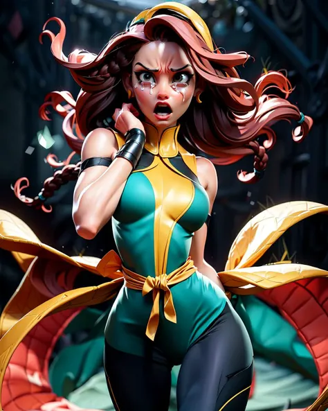 <lora:ChocolateWetStyle:0.6>ChocolateWetStyle:0.6, solo, masterpiece, best quality, perfect face, medium shot of a South Asian woman with a slim body. As a Stormcaller with micro bangs:0.75 titian hair with Maroon streaks, (surrounded by intense swirling magical energy:1.2), dominant and intimidating, Pine green colored clothes, intricate and elegant, colorful, vivid, fighting stance