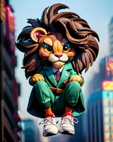cute, (anthropomorphic:1.4), chibi (lion),  (look at viewer, solo focus:1.4), 
([Moccasin_color::0.4] fur:1.4),  
sad, 
(jumping:1.4),
Graycolor full dress,
suit pants, sports shoes,
skyscrapers background,
(high key-lighting:1.4), detail background, (smog:1.3),
(sharp focus, finely detailed,realistic detail, high_resolution)