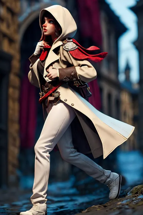 1 Arabia girl,street,(masterpiece, raw photo, fashion editorial),assassin White trench coat,White Assassin hood,white Pants,white boots,(Medieval style),Depth of Field, (Assassin's Creed), <lora:LowRA:1>