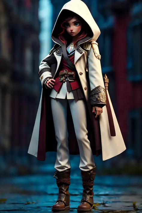 1 Arabia girl,street,(masterpiece, raw photo, fashion editorial),assassin White trench coat,White Assassin hood,white Pants,white boots,(Medieval style),Depth of Field, (Assassin's Creed), <lora:LowRA:1>