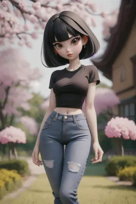 Chinese model girl, black hair, bangs, wearing cute shirt and vintage jeans pants, masterpiece, best quality, pale skin, small breasts, wide hips, thick legs, cherry trees park backgound, small hands, centered