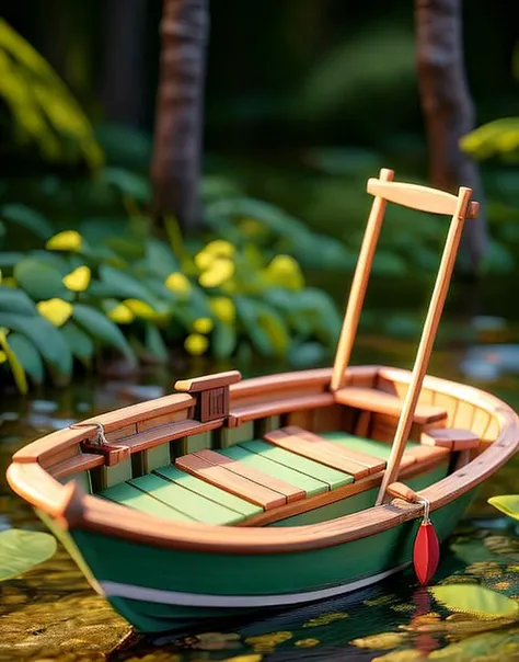 Tiny cute isometric row boat a lake, hyperrealistic, dim light, blue ray, lake, forest, bokeh, blurry background, in a cutaway box, soft smooth lighting, soft colors, 100mm lens, 3d blender render