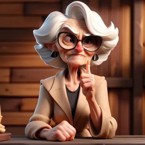 3D cinematic film.(caricature:0.2). 4k, highly detailed, old woman with sunglasses showing the middle finger in front of wooden wall