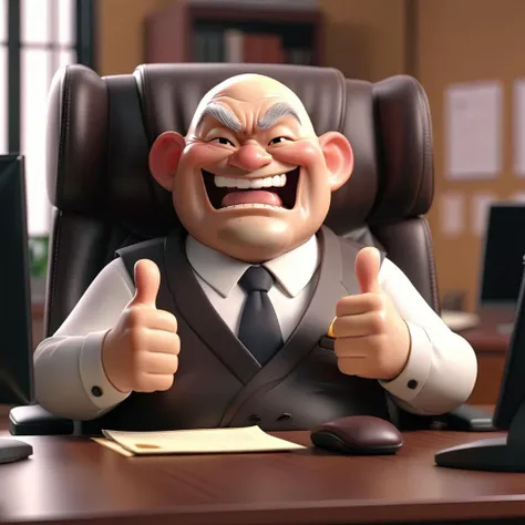 3D cinematic film.(caricature:0.2). 4k, highly detailed,old bald fat japanese businessman smiling and gesturing a double thumbs up while working in his office cubicle.