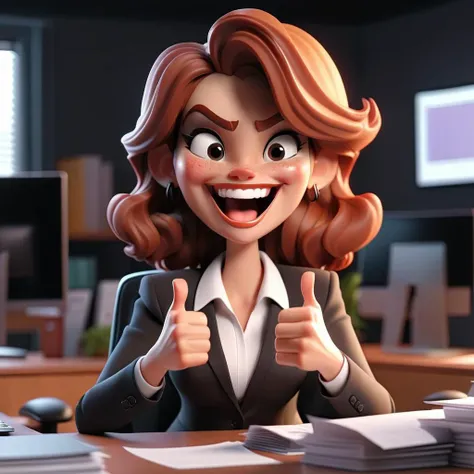 3D cinematic film.(caricature:0.2). 4k, highly detailed,young businesswoman smiling and gesturing a double thumbs up while working in his office cubicle.