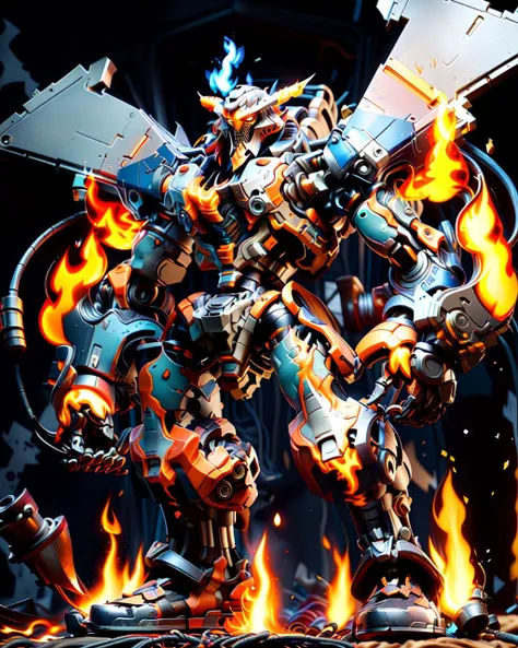 from below, (full body:1.4), 
photo of a robot, (solo focus:1.2), (farmer), light_cyan-color,
(front view:1.2), (look at viewer), hero-body,
(dynamic pose:1.4), floating huge robot_wings, (huge axe:1.2), 
(strong wind:1.4), (scattered fire,flame:1.4), 
futuristic warzone background ,
rim lighting, dimly lit, low key,
 (subdivision, angular design, carbon-fiber, pistons, robotic frame, metal joints, rubber cables, metal bolts, industrial, structures),
<lora:add_detail:0.65> <lora:epiNoiseoffset_v2:1> 
 <lora:nijiMecha:0.15> <lora:A-Mecha-REN[color_theme,mecha musume, mechanical parts, robot joints,headgear,full armor]:0.85> <lora:FINAL  Robort:0.6> <lora:mecha(mjstyle):0.3>