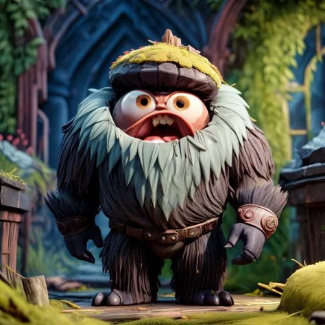 Creature: <lora:add_detail:1>detailed expressive eyes, fantasy style, the gibbering chonkwart, a guardian of the much smaller fuzzy musclenoggins, it is a creature with magical aprexified frotzgobbler etched into its chitinous armor plates, standing sentinel in an overgrown ruin filled with jetcurbling artifacts, (3D:1.5) Pixar style