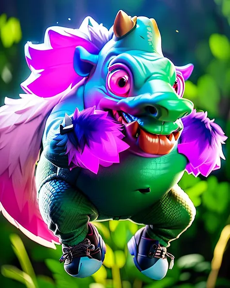cute, (anthropomorphic:1.4), chibi (Rhino),  (look at viewer, solo focus:1.4), 
([magenta_color::0.4] fur:1.4),  
(jumping:1.4),
parchmentcolor asual clothes,
suit pants, dress shoes,
forest background,
(high key-lighting:1.4), detail background, (smog:1.3),
(sharp focus, finely detailed,extremely detailed, realistic detail, high_resolution)