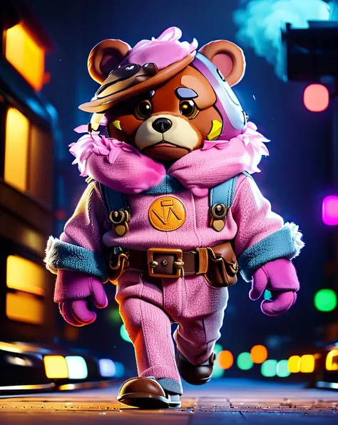 cute, (anthropomorphic:1.4), chibi (bear),  (look at viewer, solo focus:1.4), 
([pink_color::0.4] fur:1.4),  
(walking:1.4),
gunmetalcolor full dress,
casual pants, dress shoes,
city background,
(high key-lighting:1.4), detail background, (smog:1.3),
(sharp focus, finely detailed,extremely detailed, realistic detail, high_resolution)
