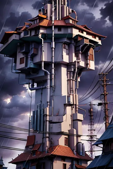 lanscape, amegakure buildings, towers, dawn, cables, heavy rain, purple sky cloud, pipes, electricity, fog, cloudy sky, anime style, ghibli style, ray of lights, <lora:ARWAmegakure:1>