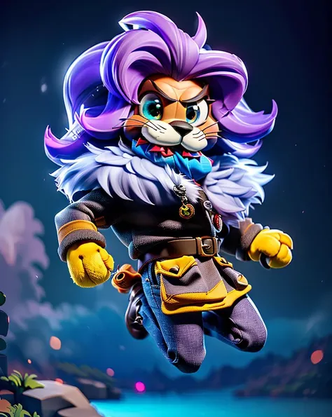 cute, (anthropomorphic:1.4), chibi (lion),  (look at viewer, solo focus:1.4), 
([violet_color::0.4] fur:1.4),  
(jumping:1.4),
ash_graycolor asual clothes,
casual pants, dress shoes,
lake_side background,
(high key-lighting:1.4), detail background, (smog:1.3),
(sharp focus, finely detailed,extremely detailed, realistic detail, high_resolution)