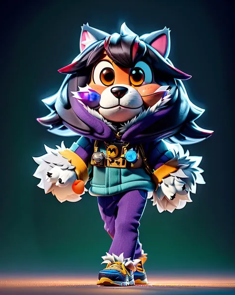 cute, (anthropomorphic:1.4), chibi (wolf),  (look at viewer, solo focus:1.4), 
([plum_color::0.4] fur:1.4),  
(walking:1.4),
light_slate_graycolor full dress,
casual pants, sports shoes,
ruined palace background,
(high key-lighting:1.4), detail background, (smog:1.3),
(sharp focus, finely detailed,extremely detailed, realistic detail, high_resolution)
