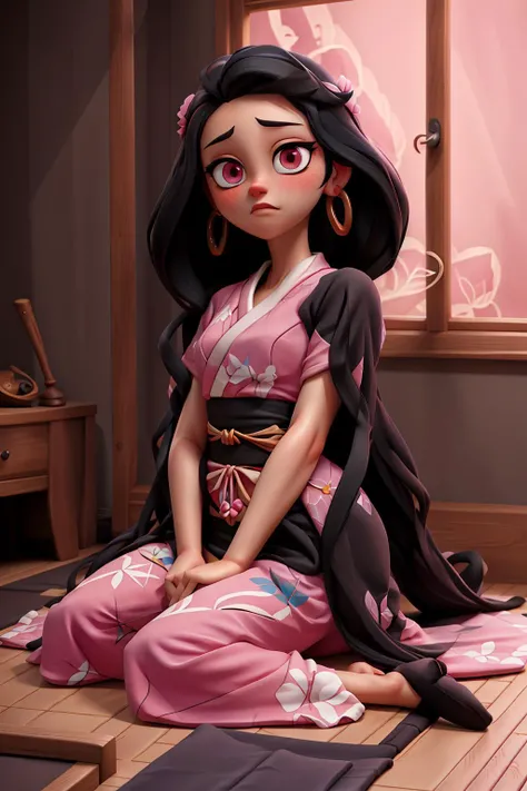 masterpiece, best quality, best shadow, detailed, 1girl, pink eyes, black long hair, japan clothes, pov, <lora:NezukoLora:0.6>, sit, looks at the viewer