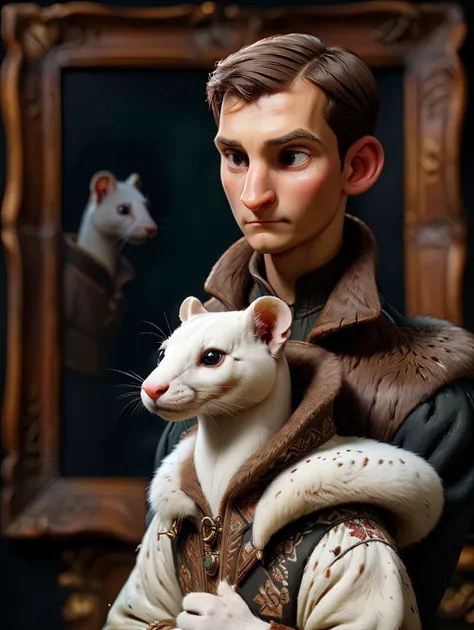 portrait of a ermine wears a high detailed ermine coat, hold a white ermine in his arm, look to side, pitch black dark night, (((no lights))), Leonardo da Vinci painting style, surrounding is dirty, beautiful intricately and detailed, DOF, Dusty air, <lora:add-detail-xl:0.8> <lora:xl_real_beta1:0.5>