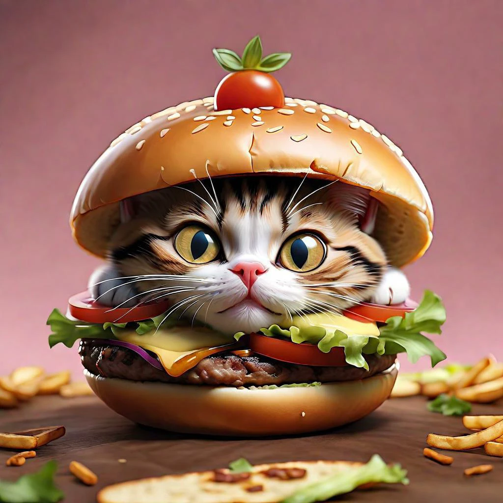 Life Documentary Artistic ultradeep focus photography, Ultimate solid masterpiece synthesized from multiple masterpieces of absolute different styles and themes with sense of humour, kitten eyes inside spherical- hamburger