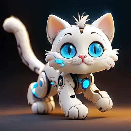 high quality amazing detailed art of a cute standing cat on four legs, white fur happy face, cute robotic blue eyes, high tech accessories, robotic paws