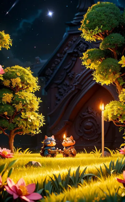 bengal school of art, spectral, Celestial meadow with starlit grass and cosmic blooms, Hue, Symmetrical, candlelight, (Stately details:1.12), (Precise details, hyperdetailed:1.15), <lora:more_details:0.25>, (Asian-Less:0.5),(bad-hands-5:1)