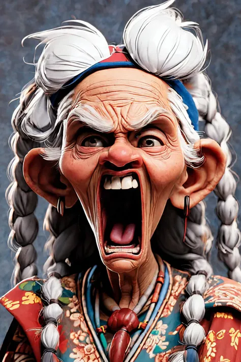 close-up photo portrait of a 90 yo old native american woman, grey hair, brown eyes, screaming face expression, headband, twin braids, simple background
