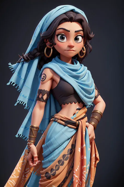 masterpiece, best quality,a woman wearing sarong and blue scarf and earrings,black background